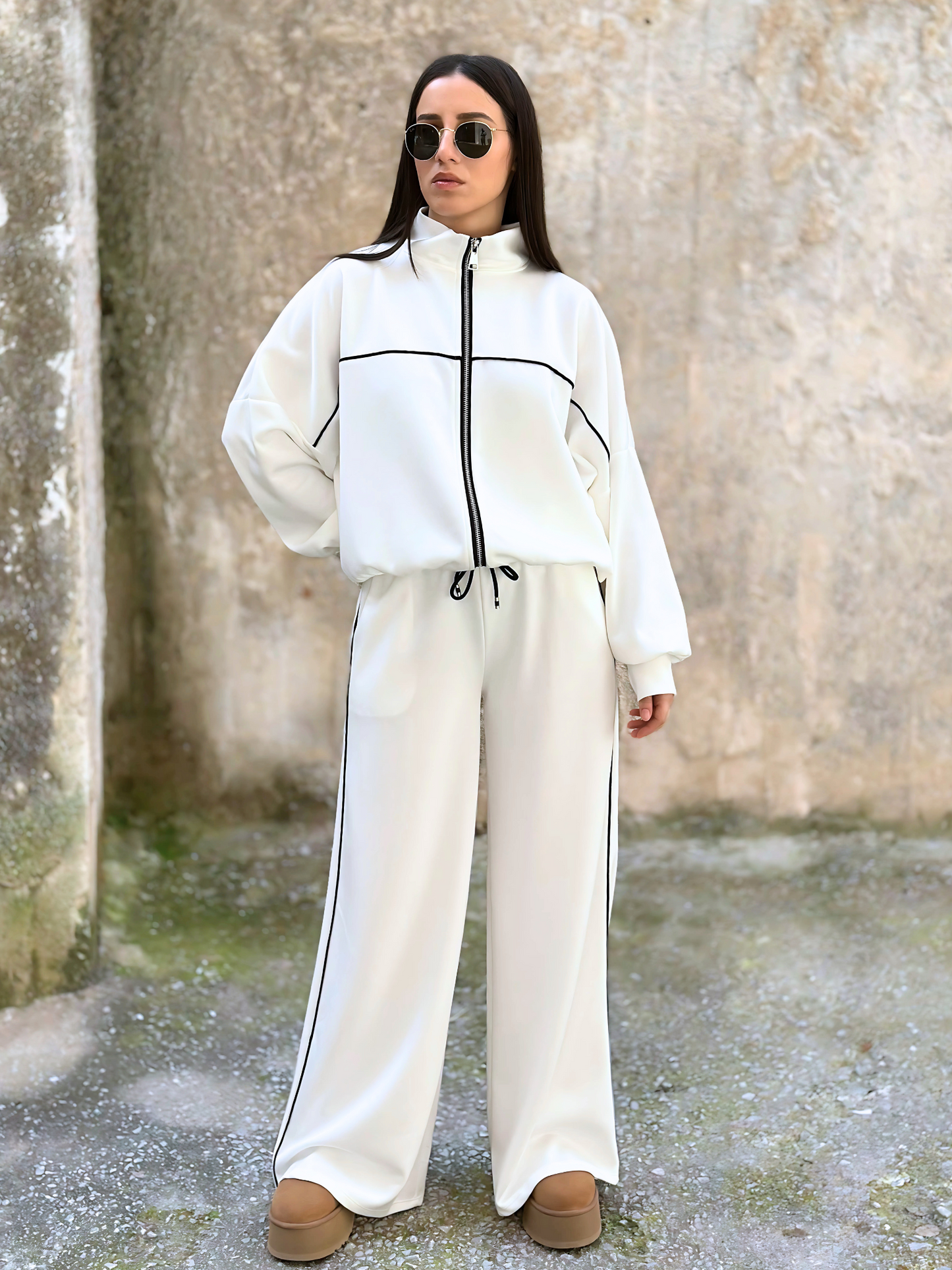 Λευκό Oversized Σετ με Ρίγες - White Oversized Set with Stripe Details