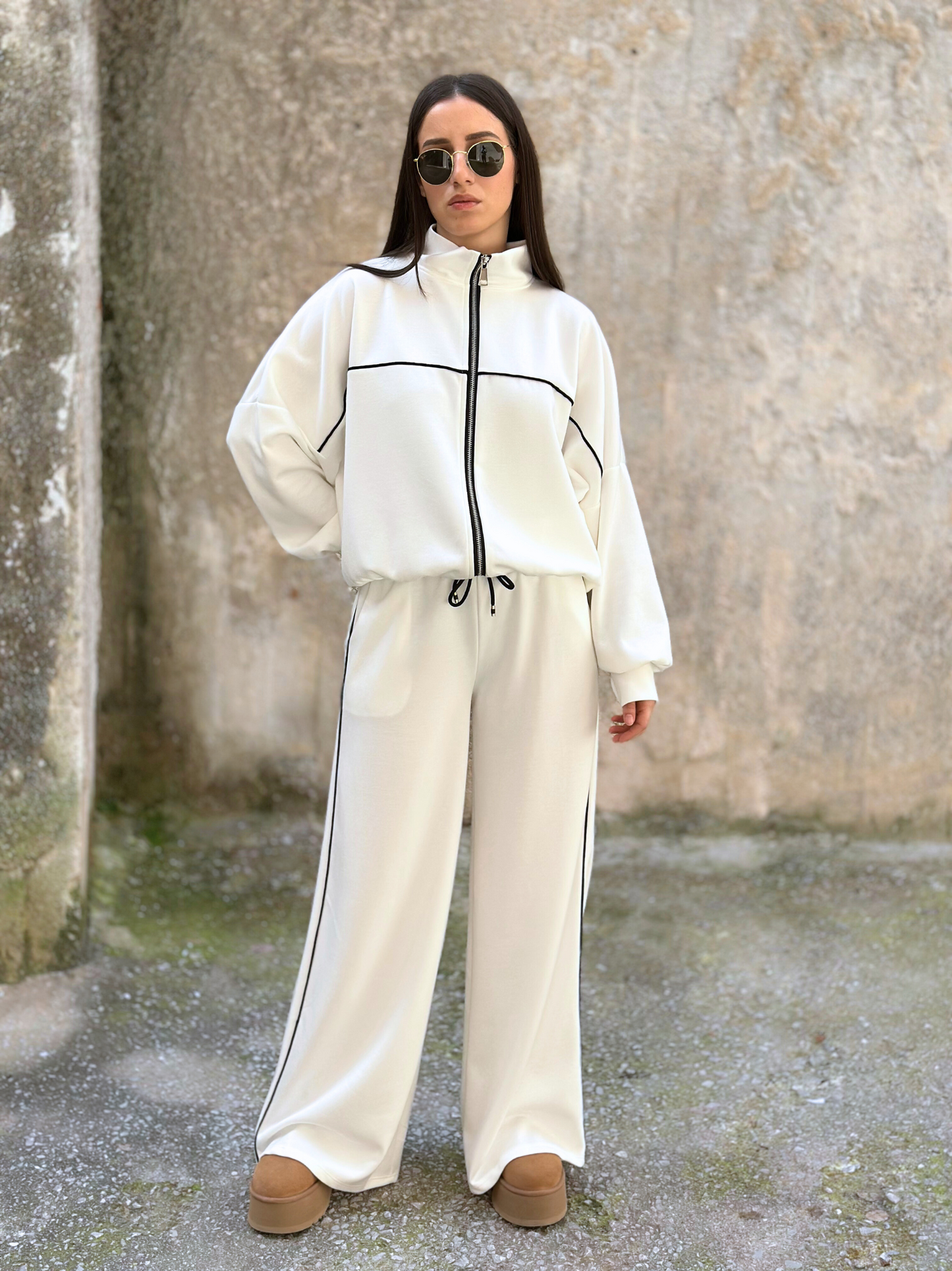 Λευκό Oversized Σετ με Ρίγες - White Oversized Set with Stripe Details