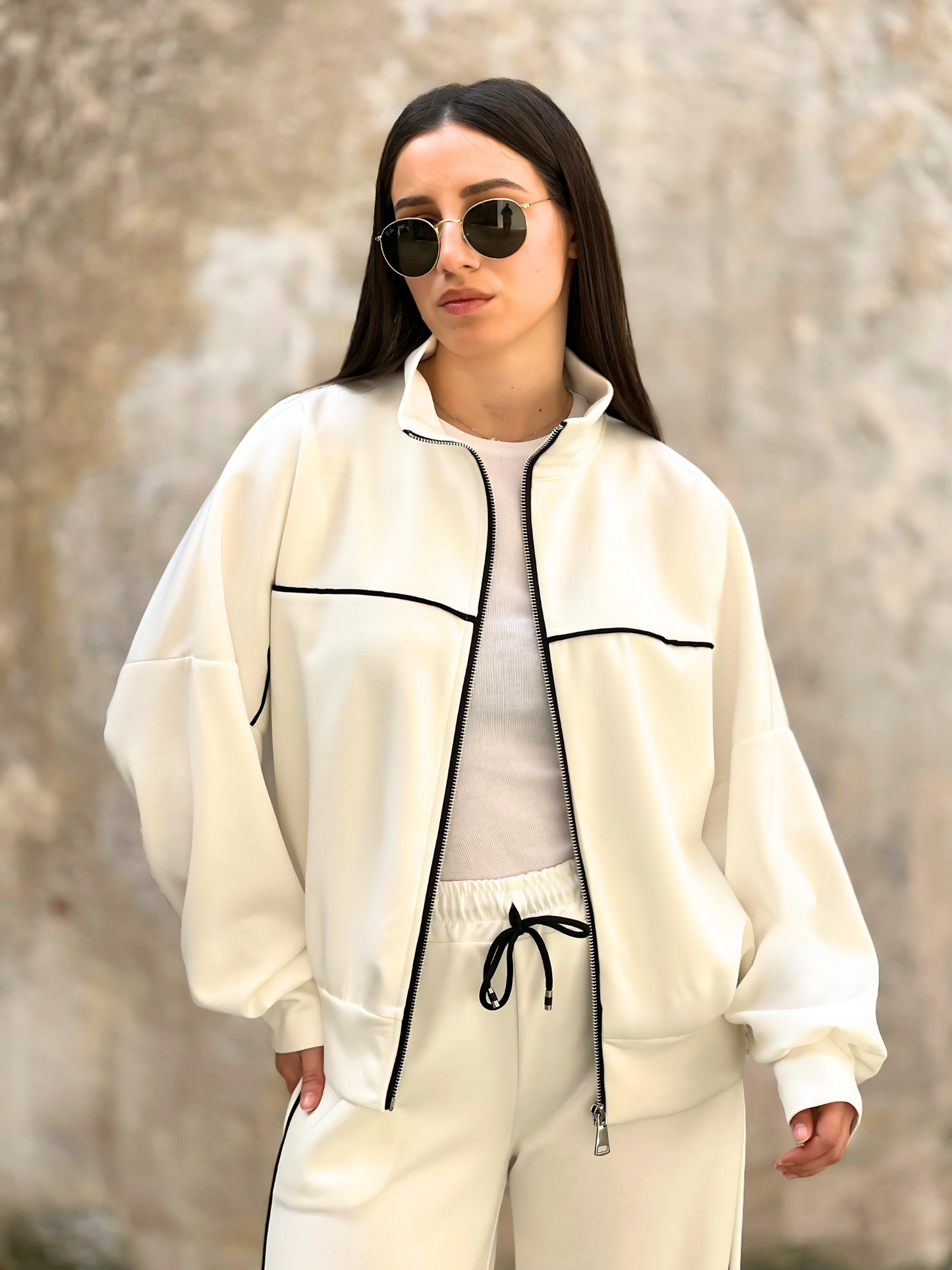Λευκό Oversized Σετ με Ρίγες - White Oversized Set with Stripe Details