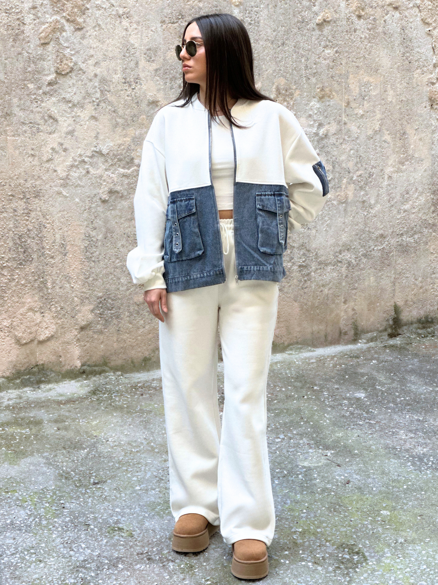 Λευκό Σετ με Τζιν Λεπτομέρειες - White Set with Denim Details