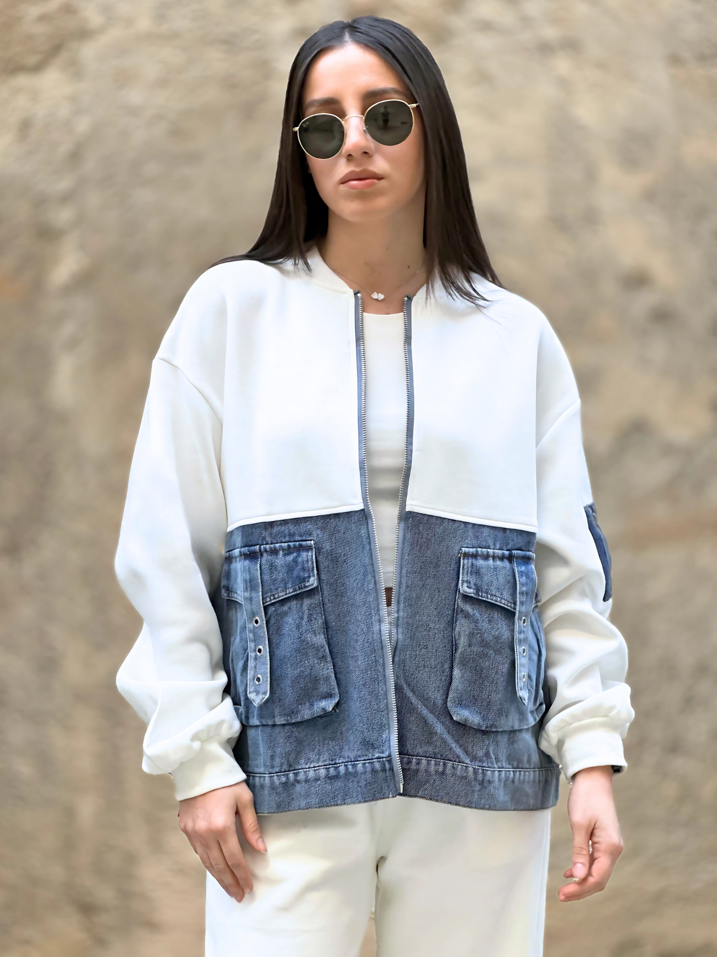 Λευκό Σετ με Τζιν Λεπτομέρειες - White Set with Denim Details