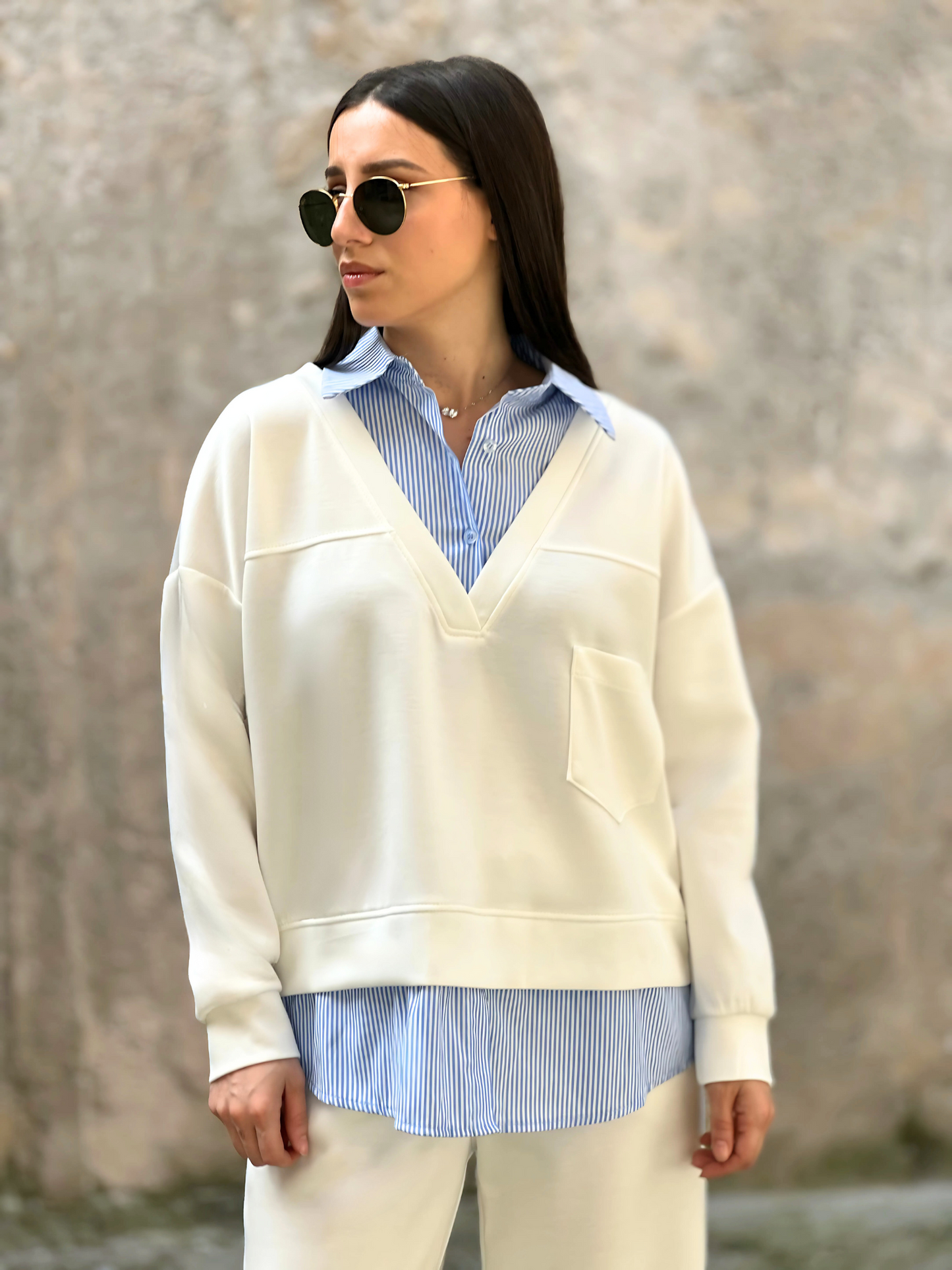 Oversized Κρεμ Σετ με Πουκάμισο - Cream Oversized Set with Undershirt