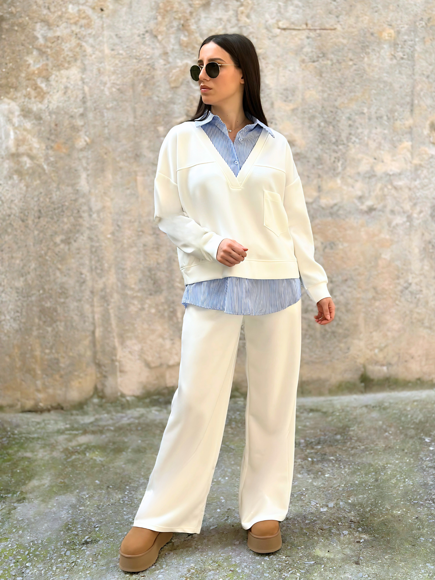Oversized Κρεμ Σετ με Πουκάμισο - Cream Oversized Set with Undershirt