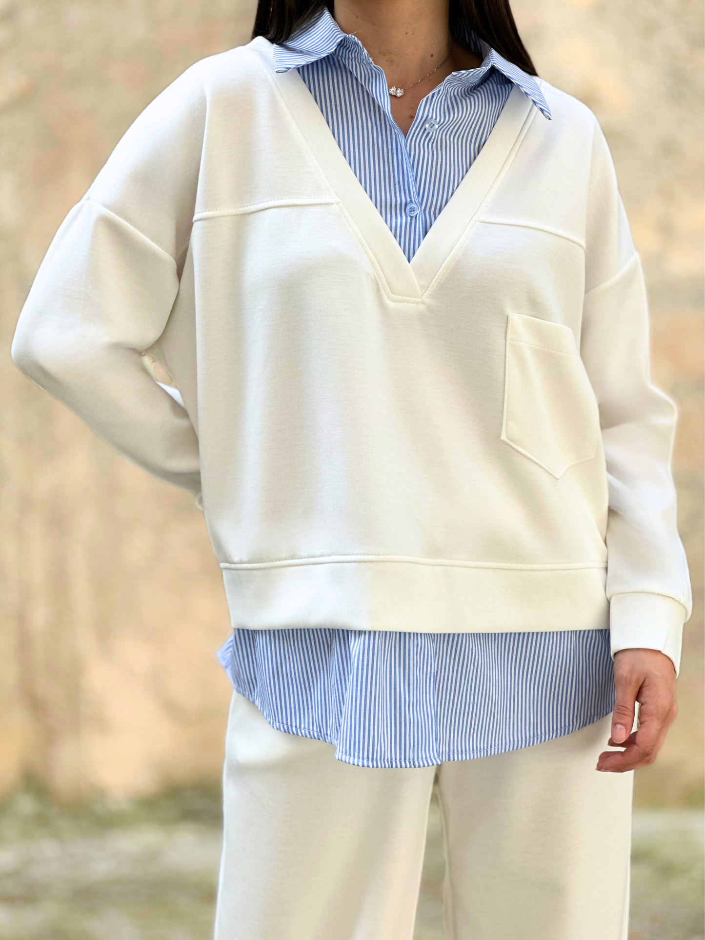 Oversized Κρεμ Σετ με Πουκάμισο - Cream Oversized Set with Undershirt