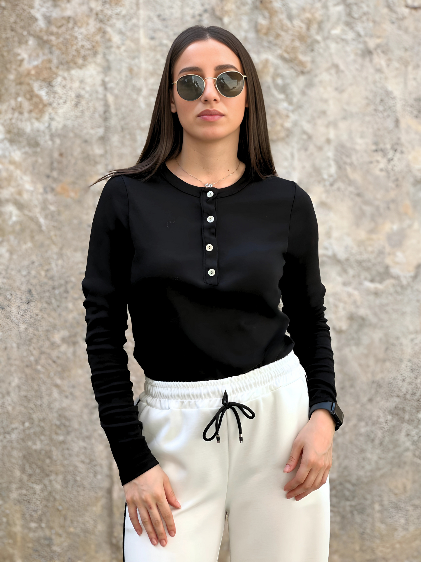 Μαύρο Ribbed Τοπ με Κουμπιά - Black Ribbed Button Top