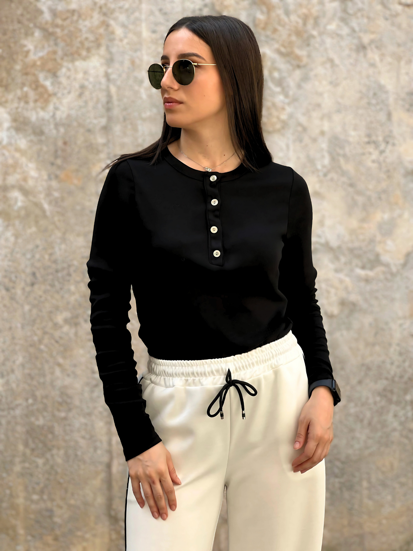 Μαύρο Ribbed Τοπ με Κουμπιά - Black Ribbed Button Top