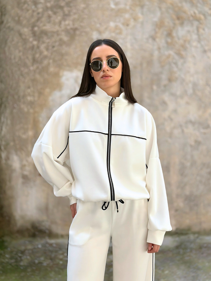 Λευκό Oversized Σετ με Ρίγες - White Oversized Set with Stripe Details