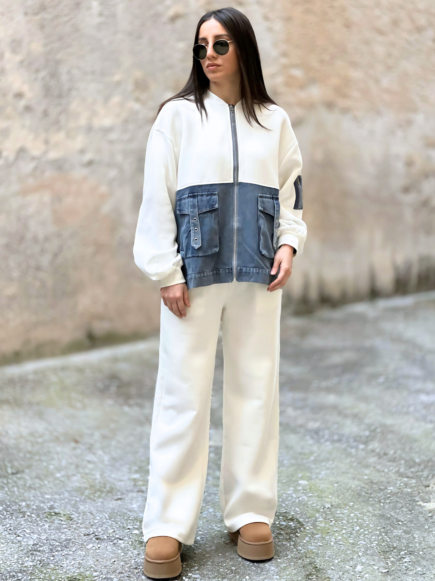Λευκό Σετ με Τζιν Λεπτομέρειες - White Set with Denim Details