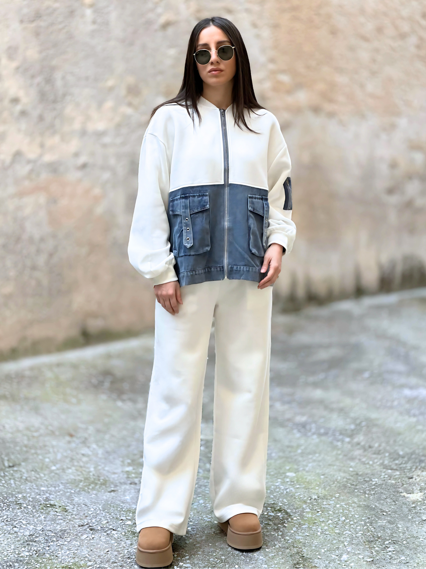 Λευκό Σετ με Τζιν Λεπτομέρειες - White Set with Denim Details