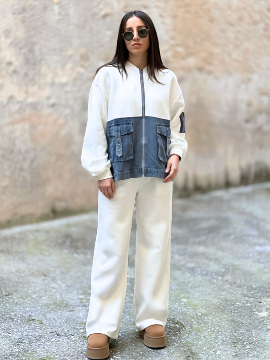 Λευκό Σετ με Τζιν Λεπτομέρειες - White Set with Denim Details