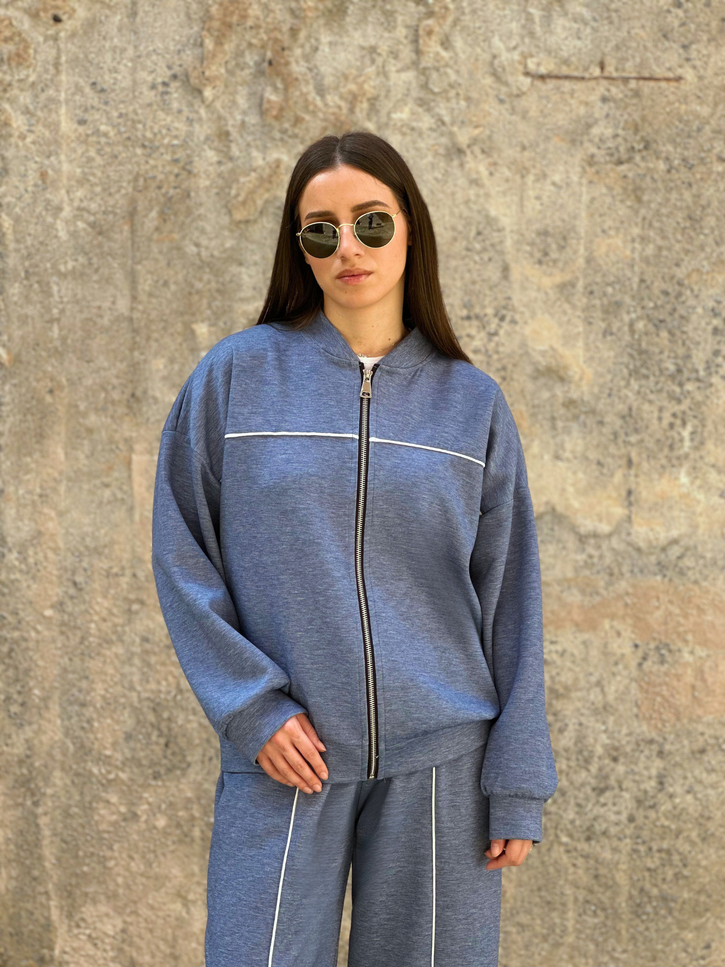 Μπλε Τζιν Athleisure Σετ με Ρίγες - Blue Jeans Athleisure Set with Stipe Details